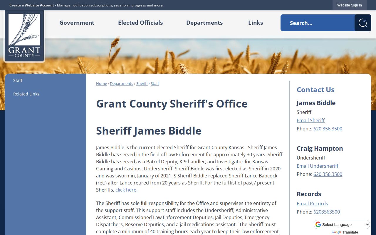 Grant County Sheriff staff page describing the county jail release record source