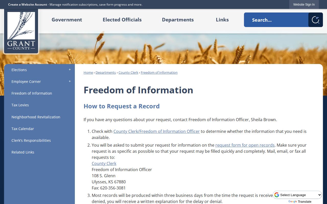 Grant County release records freedom of information instructions