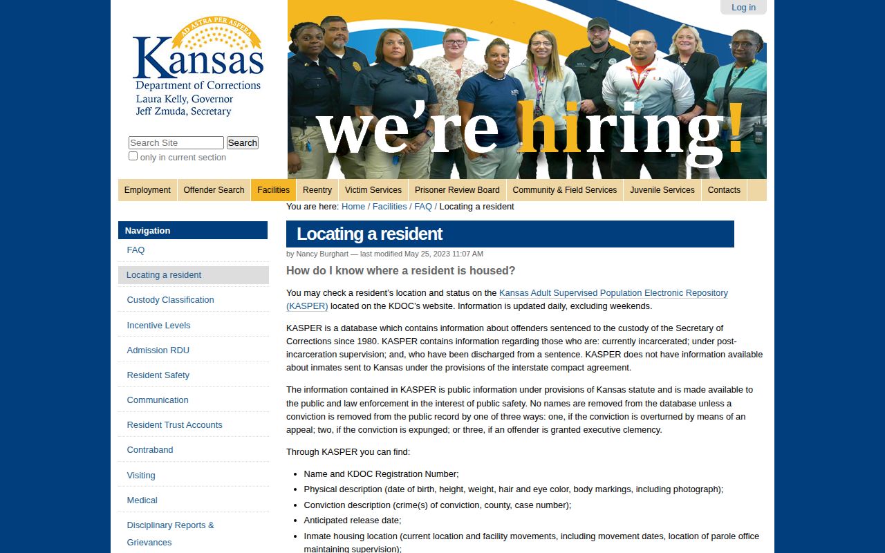 Kansas Department of Corrections locating guidance for KASPER records