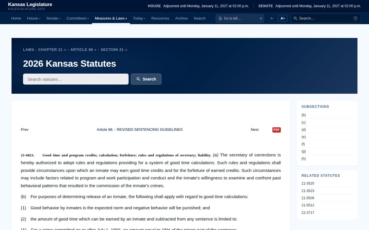 Kansas statute 21-6821 governing good time and program credits